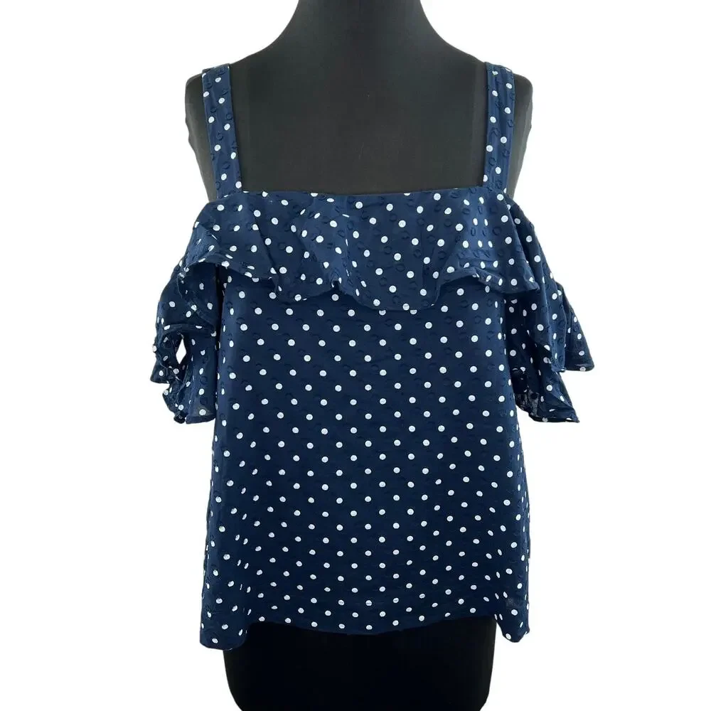 J. Crew Navy Polka-Dot Cotton Square Neck Flounce Cold Shoulder Blouse Size 14